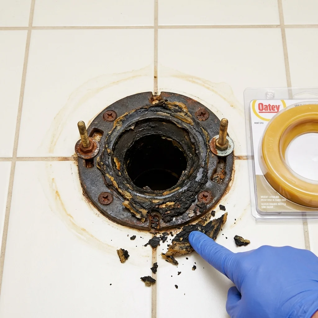 Failed wax ring showing water seepage at the base of a toilet in a Sullivan, IN home