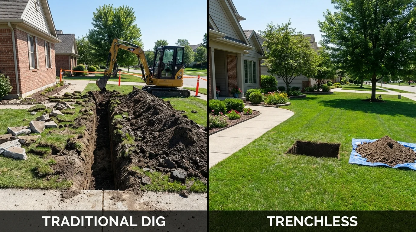 Trenchless sewer repair with minimal yard damage versus traditional excavation in Sullivan, IN